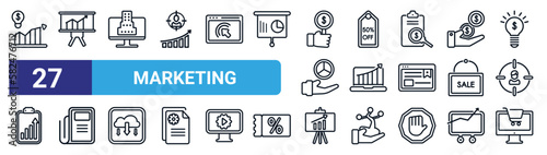 set of 27 thin line marketing icons such as demand, trend, enterprise, off, marketing graph, gazette, diagrams, web shop vector icons for mobile app, web design.