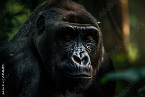 Gorilla portrait in the jungle. Generative AI
