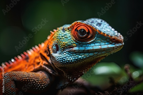 Close up of a lizard portrait standing on a branch. Generative AI