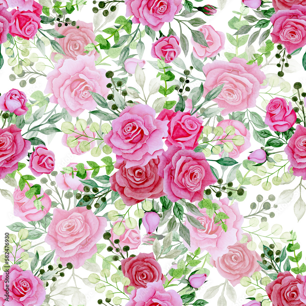 Seamless floral pattern-233. Bouquet of pink roses on a white background, hand drawn watercolour illustration.