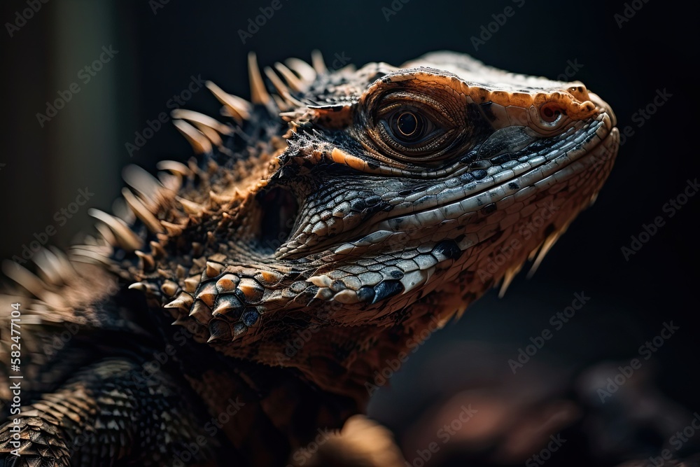 Close up of a lizard portrait standing on a branch. Generative AI Close up of a lizard portrait standing on a branch. Generative AI