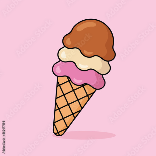 Cute ice cream scoop cartoon icon vector. Strawberry, vanilla, and chocolate scoops in waffle cone. Desserts & Sweet Foods Flat Design icon concept. Vector flat outline icon
