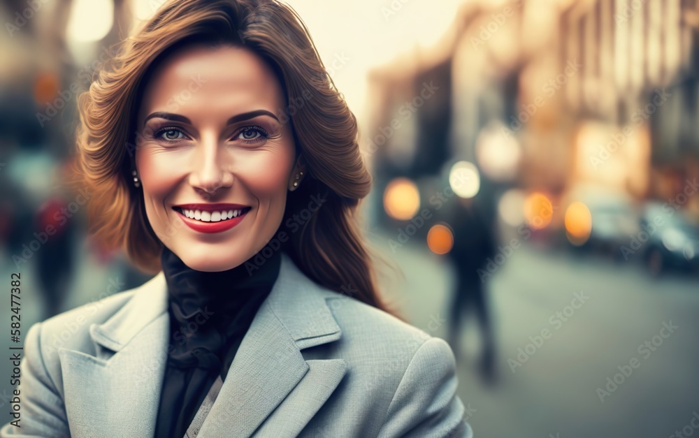 Portrait of smart, successful, confident, smiling young blonde woman business executive manager. Agent, adviser. City background. Ai generative