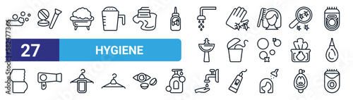 set of 27 thin line hygiene icons such as ablution, cosmetics, lather, pathogen, flossing, dryer, scrub up, depilator vector icons for mobile app, web design.