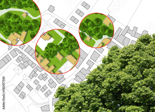 Census of trees in cities -  green management and tree mapping concept with imaginary city map with highlighted trees