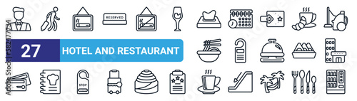 set of 27 thin line hotel and restaurant icons such as servant, guest, smoking, reservation, door hanger, cookbook, coffee, vending hine vector icons for mobile app, web design.