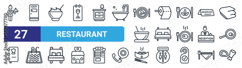 set of 27 thin line restaurant icons such as waitress, exit, salad, toilet paper, double bed, pool, dim sum, meat vector icons for mobile app, web design.