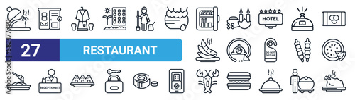 set of 27 thin line restaurant icons such as chicken, checkroom, bathrobe, spa, 24 service, receptionist, lobster, roast chicken vector icons for mobile app, web design.