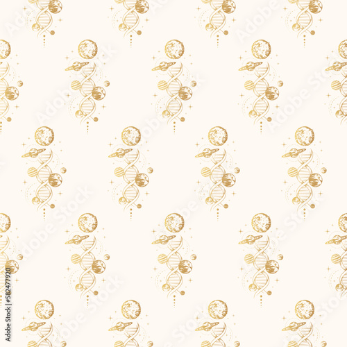 Golden celestial planets, moon, stars and dna. Hand drawn mystical seamless pattern. Vector illustration for background, textile, texture and wrapping paper.