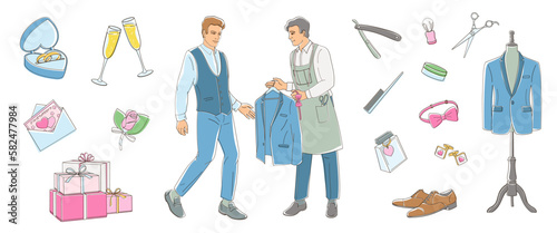 The groom is preparing for his wedding day, set  items needed for a groom to look his best, color vector illustration
