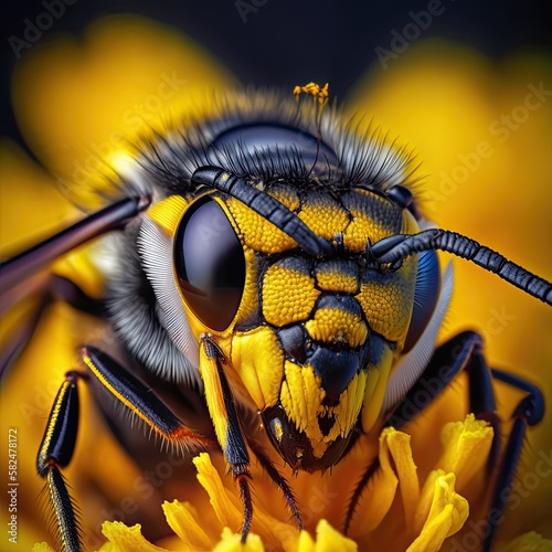 Insect Closeup: Yellow Jacket Wasp on a Flower - Macro Look at Nature's Intricate Fly. Generative AI © AIGen