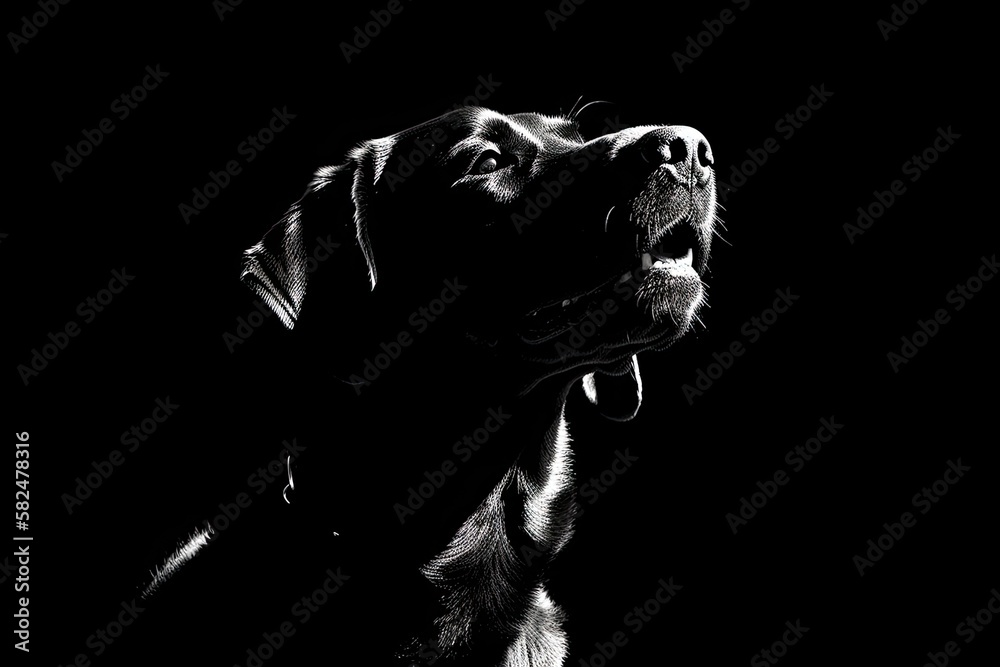 Fototapeta premium Silhouettes of a male black labrador retriever dog in pure black and white pleading for goodies. Generative AI