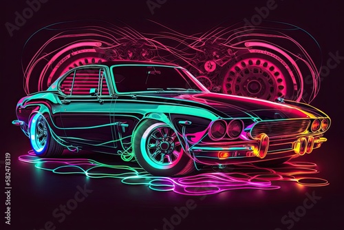 Vintage Car Show  AI Digital Composite of Retro Sports Car on Neon Display  Generative AI