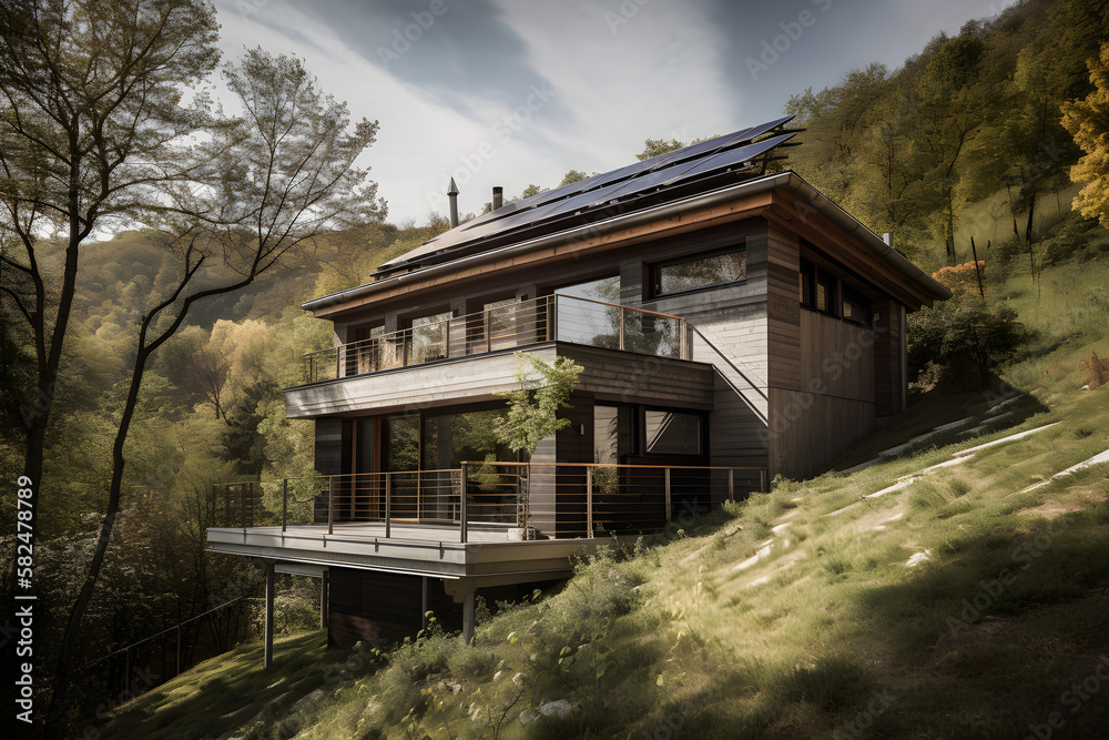 Revolutionizing Sustainable Living: A Captivating Photography of a Modern House with Solar Panels, Paving the Way for Eco-Friendly Homes Generative Ai Revolutionizing Sustainable Living: A Captivating Photography of a Modern House with Solar Panels, Paving the Way for Eco-Friendly Homes Generative Ai