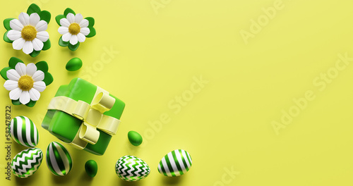 Easter eggs gift box flowers. Yellow background 3d rendering.