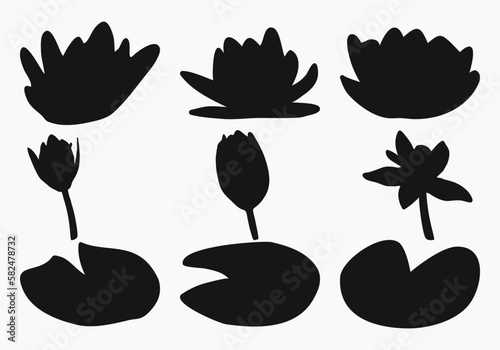 Real modern silhouettes plants, herbs. Drawing flowers water lily, nymphaea. Flat design art design template.