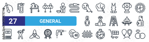 set of 27 thin line general icons such as brush history, fire estinguisher, fretsaw, chef hat with a pencil, winning, leader with loudspeaker, wooden fence, interlocking rings vector icons for