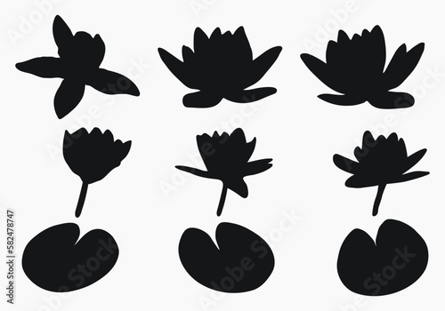 Real modern silhouettes plants, herbs. Drawing flowers water lily, nymphaea. Flat design art design template.