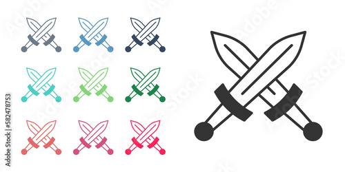 Black Crossed medieval sword icon isolated on white background. Medieval weapon. Set icons colorful. Vector