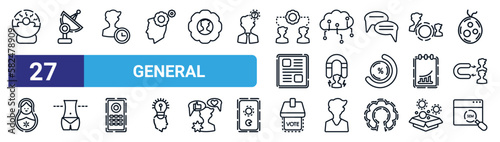 set of 27 thin line general icons such as solarium, satellite antenna, patience, internet of things, user engagement, weight loss, referendum, sem vector icons for mobile app, web design.