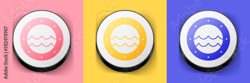 Isometric Ship porthole with rivets and seascape outside icon isolated on pink, yellow and blue background. Square button. Vector