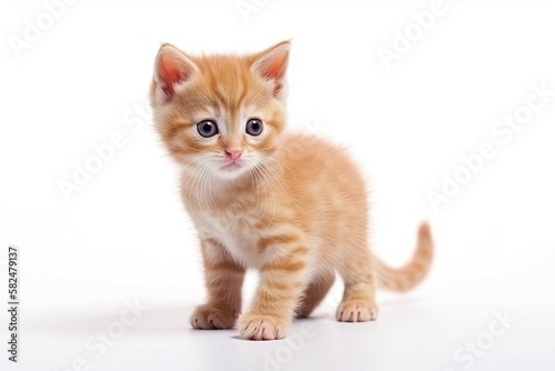 On a white background, there is a small ginger kitten. Generative AI