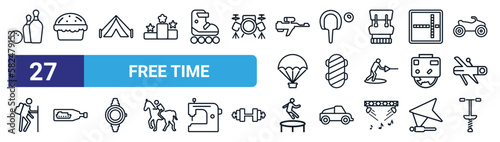 set of 27 thin line free time icons such as bowling, baking, camping, table tennis, sports, ship in a bottle, jumping, pogo stick vector icons for mobile app, web design.