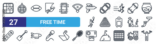 set of 27 thin line free time icons such as sudoku, disco ball, rugby ball, skate, billiard, gardening tools, instant camera, workout vector icons for mobile app, web design.