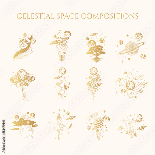 Golden celestial space compositions isolated set. 12 hand drawn vector illustrations of mystical planets, galaxy, stars, whales and trees for poster and greeting card.