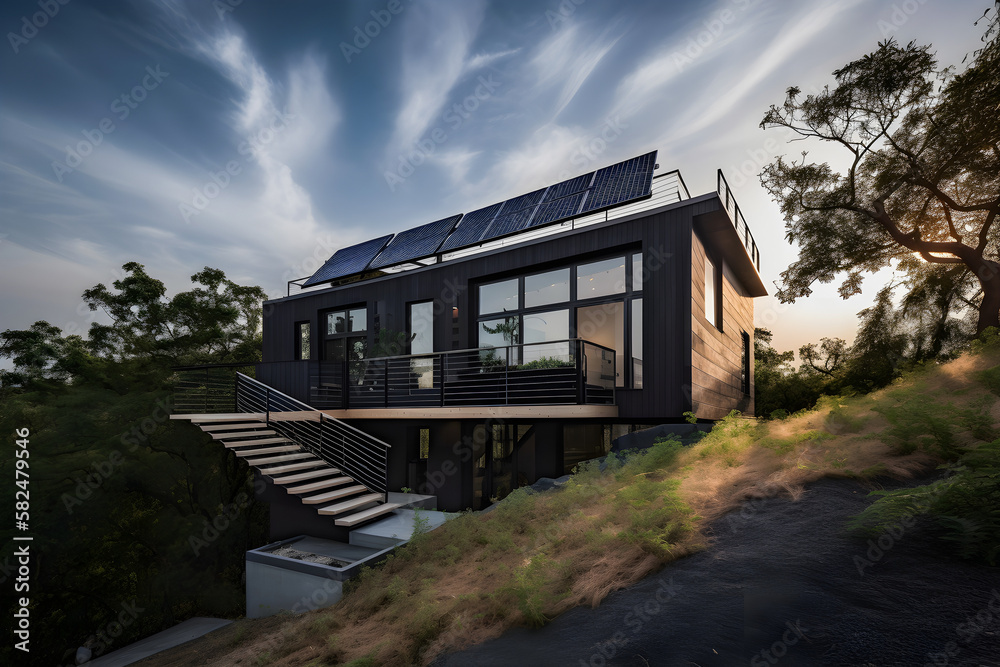 Revolutionizing Sustainable Living: A Captivating Photography of a Modern House with Solar Panels, Paving the Way for Eco-Friendly Homes Generative Ai