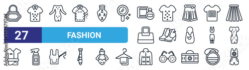 set of 27 thin line fashion icons such as fashionable hand bag, hawaiian, long sleeve flowy dress, t shirt with flowers, woman boots, spray bottle, safety shirt, outfit vector icons for mobile app,