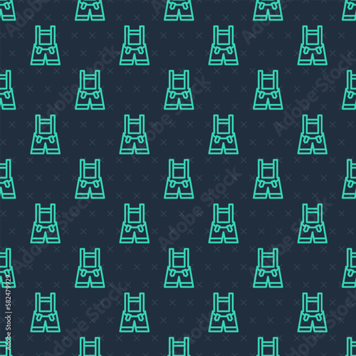 Green line Lederhosen icon isolated seamless pattern on blue background. Traditional bavarian clothing. Oktoberfest outfit. Pants with suspenders. Patrick day. Vector