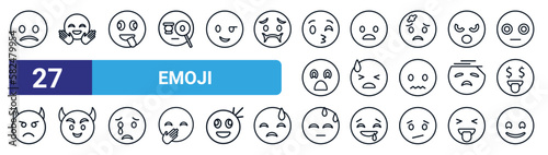 set of 27 thin line emoji icons such as slightly frowning emoji, hugging emoji, stupid frowning with open mouth desperate smiling with horns sweating smile vector icons for mobile app, web design.