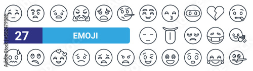 set of 27 thin line emoji icons such as pensive emoji, pouting emoji, anguished kissing with closed eyes tongue sceptic wink liar vector icons for mobile app, web design.