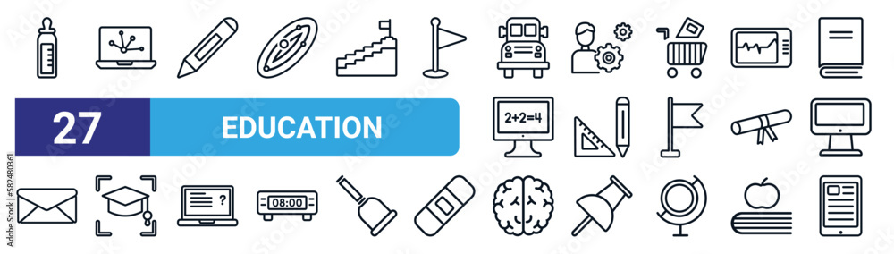 Obraz premium set of 27 thin line education icons such as halfway, science in a laptop, pencil, users tings, school supplies, graduation pictures, human brain, tablet vector icons for mobile app, web design.