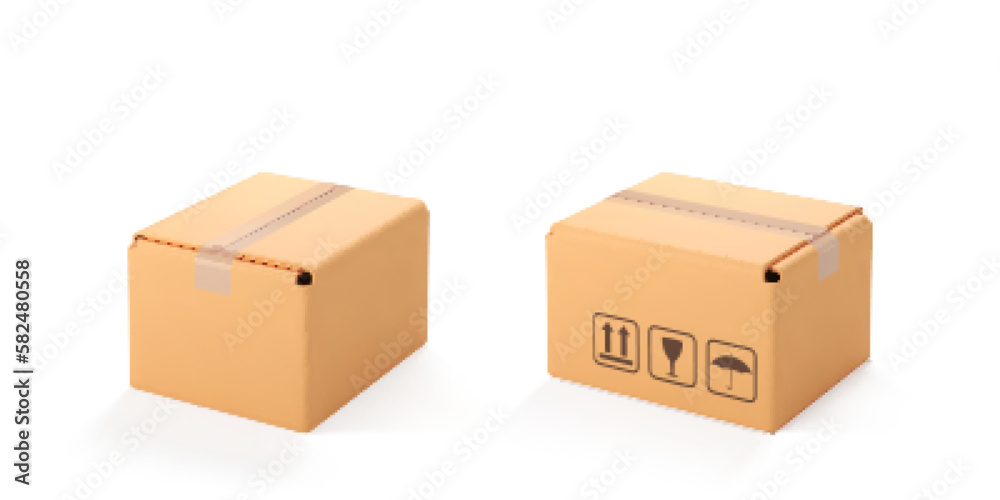 Two 3D cardboard closed box isolated on white background. Render delivery cargo box. Cartoon style cardboard box or delivery package. 3d realistic vector Two 3D cardboard closed box isolated on white background. Render delivery cargo box. Cartoon style cardboard box or delivery package. 3d realistic vector