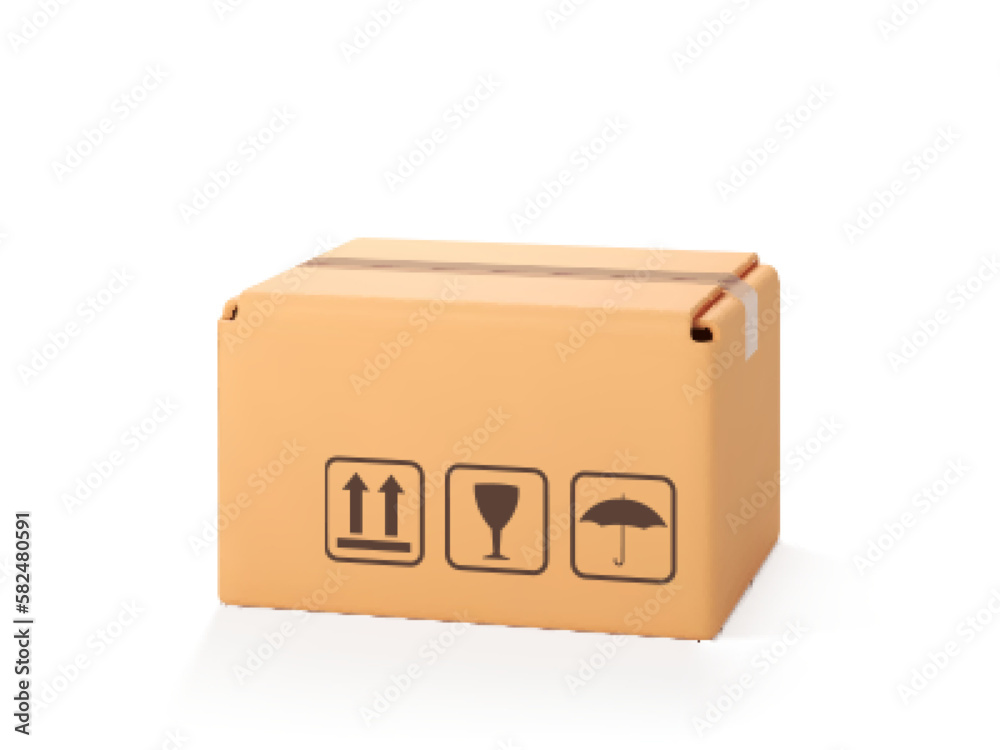 3D cardboard closed box isolated on white background. Delivery cargo box. Cartoon style cardboard box or delivery package. 3d realistic vector 3D cardboard closed box isolated on white background. Delivery cargo box. Cartoon style cardboard box or delivery package. 3d realistic vector