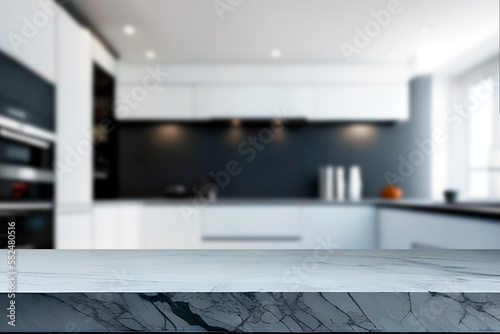 A kitchen with a white counter top and a black wall behind it.