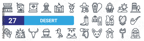 set of 27 thin line desert icons such as desert saloon, cleopatra, wanted, wooden coffin, fatigue, salty desert, holster, arab vector icons for mobile app, web design.