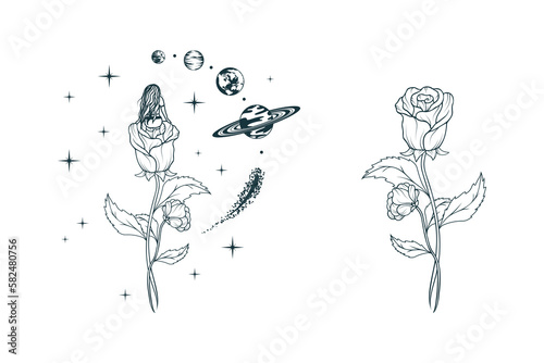 Celestial girl sitting on a rose flower surrounded by planets and stars. Hand drawn vector illustration for print, tattoo, sticker and greeting card.