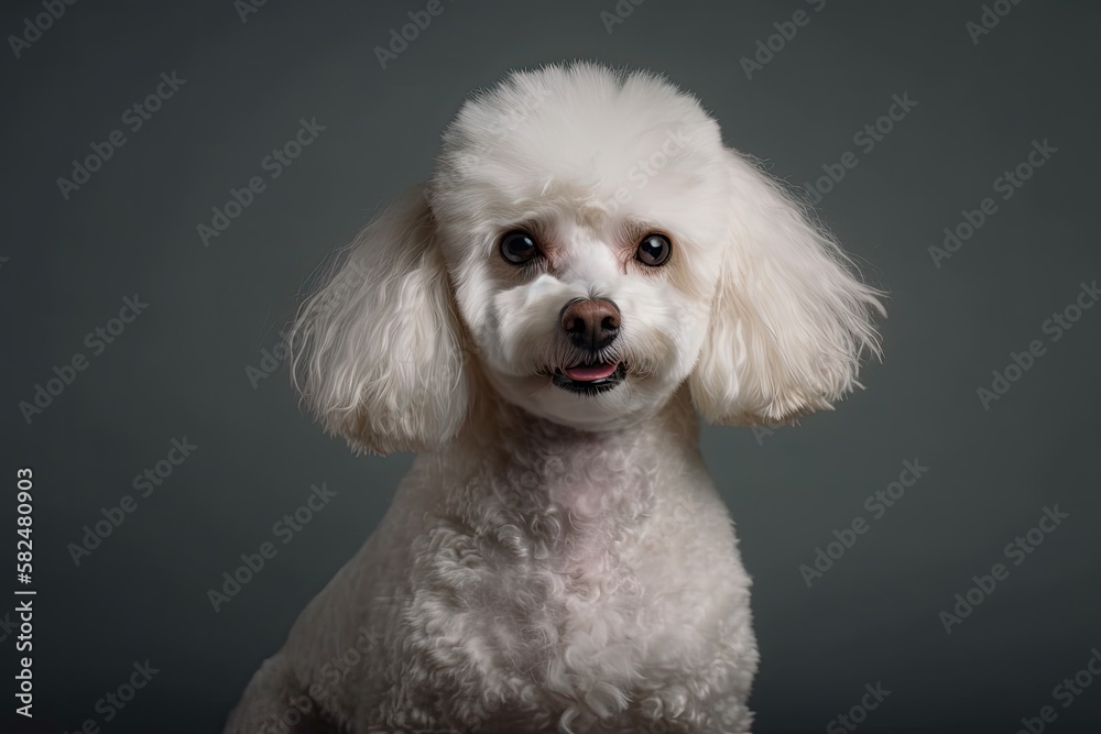 White purebred poodle dog in studio setting. Generative AI White purebred poodle dog in studio setting. Generative AI