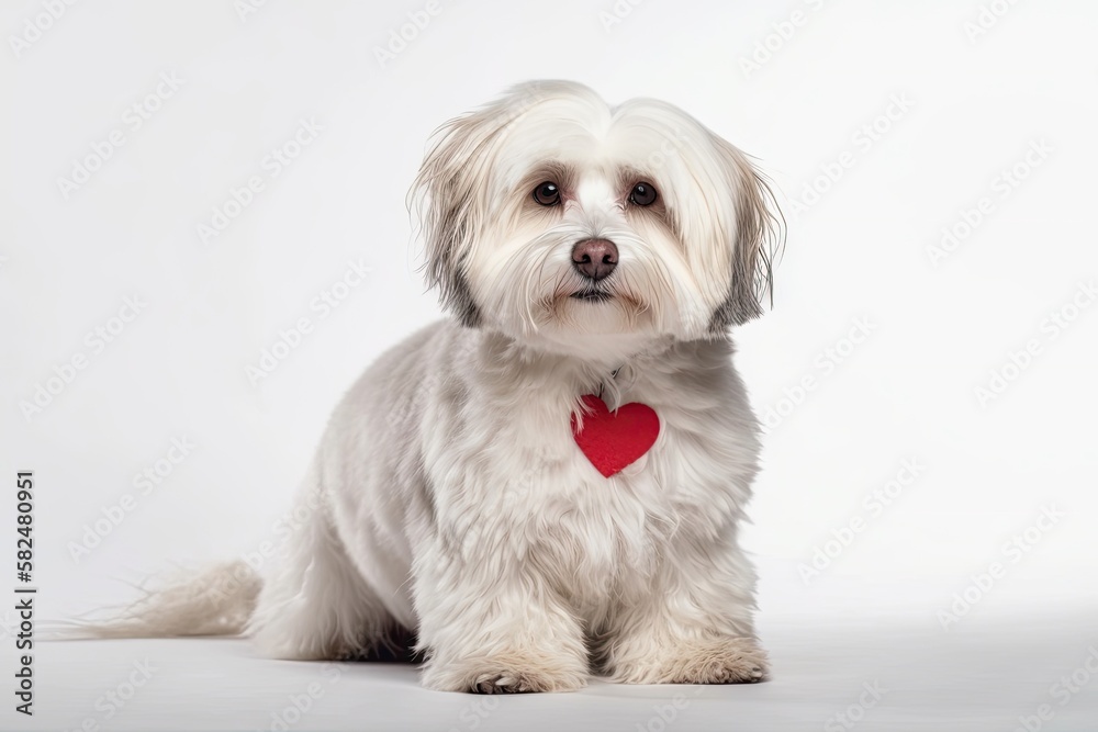 A sweet Valentine's Day Havanese dog wearing a red heart is seen in isolation on a white backdrop. Generative AI A sweet Valentine's Day Havanese dog wearing a red heart is seen in isolation on a white backdrop. Generative AI