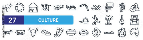 set of 27 thin line culture icons such as australian kangaroo, chorizo, mud hut, coffee grains, brazil soccer player, cantonese fish, onion patties, australian continent vector icons for mobile app,