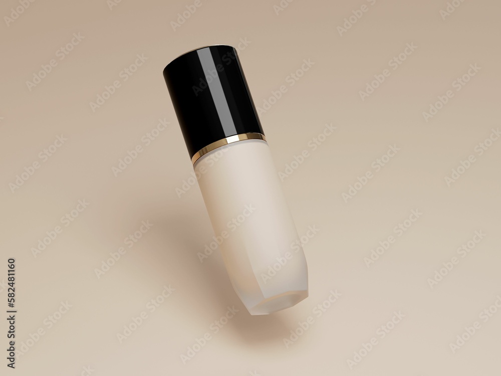3D rendering of a makeup foundation bottle on a beige background 3D rendering of a makeup foundation bottle on a beige background