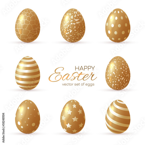Luxury Happy easter card with eggs. Many beautiful golden realistic eggs set.