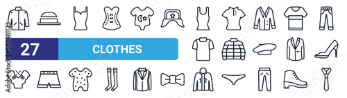 set of 27 thin line clothes icons such as jogging jacket, bowler, camisole, kurta, puffer jacket, swim shorts, parka, necktie vector icons for mobile app, web design.