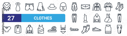 set of 27 thin line clothes icons such as shawl, drees, denim shorts, purse, one shoulder dress, blazer, flat shoes, off the shoulder dress vector icons for mobile app, web design.