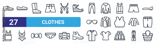 set of 27 thin line clothes icons such as leather shoes, loafer, wool boots, nylon jacket, leather biker jacket, lingerie, collarless cotton shirt, bucket bag vector icons for mobile app, web