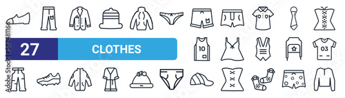 set of 27 thin line clothes icons such as danica shoes, jean, blazer, briefs, nightwear, soccer shoe, baseball cap, cardigan vector icons for mobile app, web design.