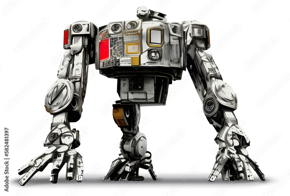 Robust one-legged invalid robot made of recycled metal parts, isolated, AI generated image Robust one-legged invalid robot made of recycled metal parts, isolated, AI generated image